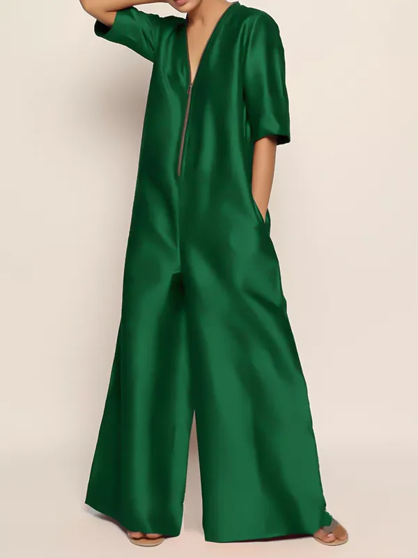 Half Sleeves Loose Solid Color Zipper V-Neck Jumpsuits