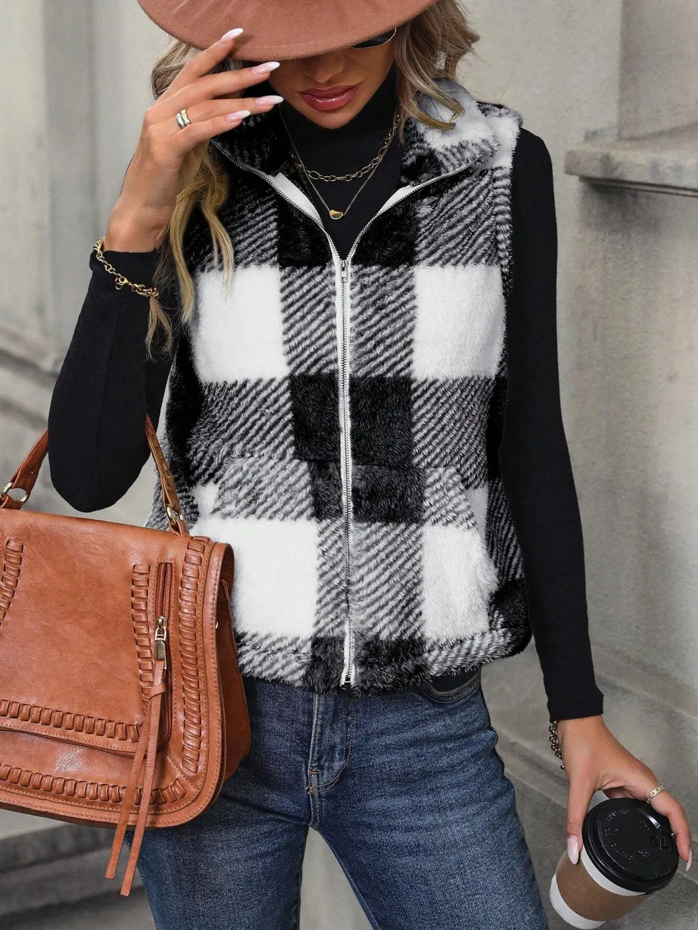 Buffalo Plaid Pattern Zipper Teddy Vest Jacket