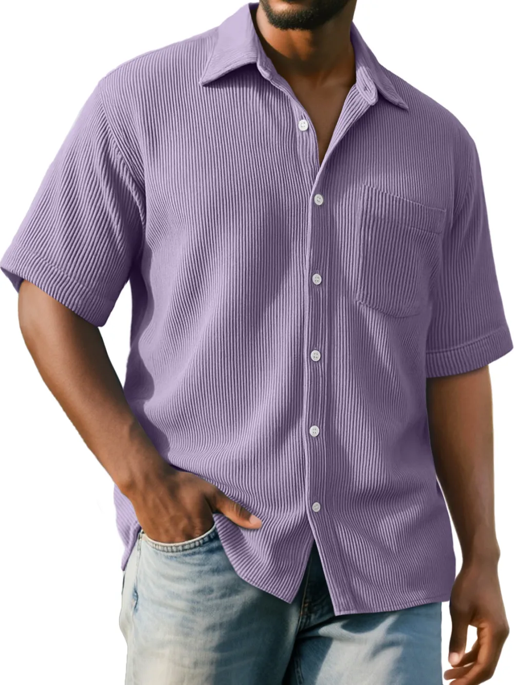 Men's Daily Ribbed Pocket Casual Comfort Solid Color Short Sleeve Shirt