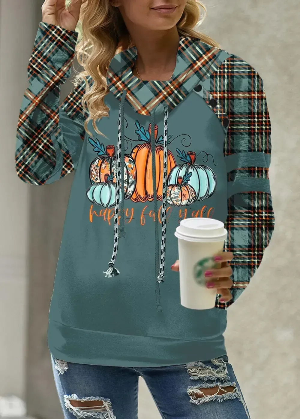 Turquoise Patchwork Plaid Long Sleeve Cowl Neck Sweatshirt