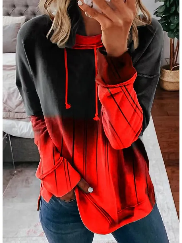 Women's Sweatshirt Pullover Sportswear Casual Drawstring Print Black Red Light Blue Gradient Loose Fit Casual Daily Round Neck Plus Size Long Sleeve Micro-elastic Fall & Winter