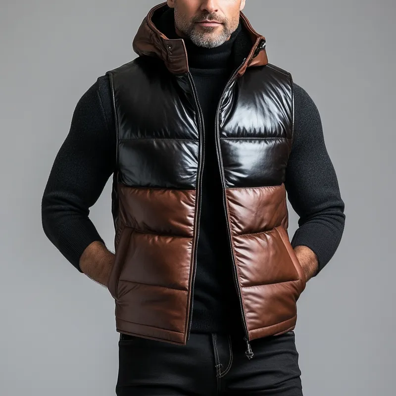 Men's PU Leather Color Block Slant Pocket Hooded Cotton-Padded Vest