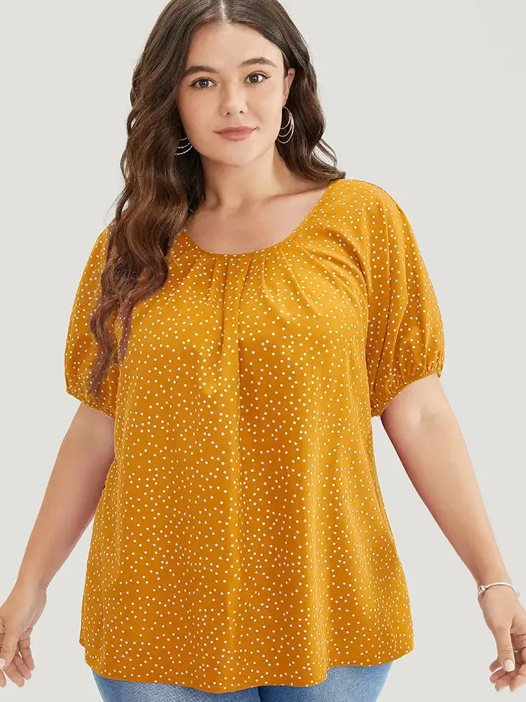 Polka Dot Pleated Round Neck Puff Sleeve Blouse