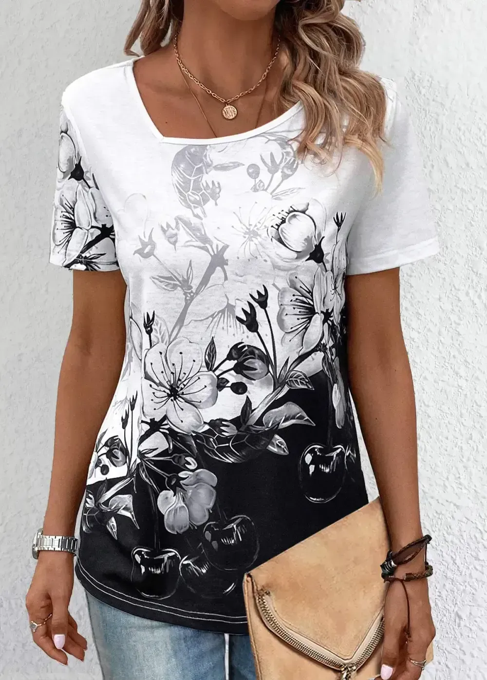 Black Lightweight Floral Print Short Sleeve T Shirt