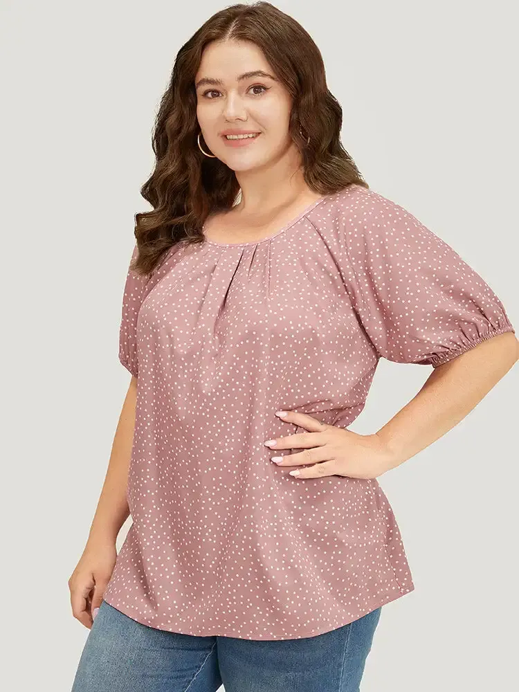 Polka Dot Pleated Round Neck Puff Sleeve Blouse