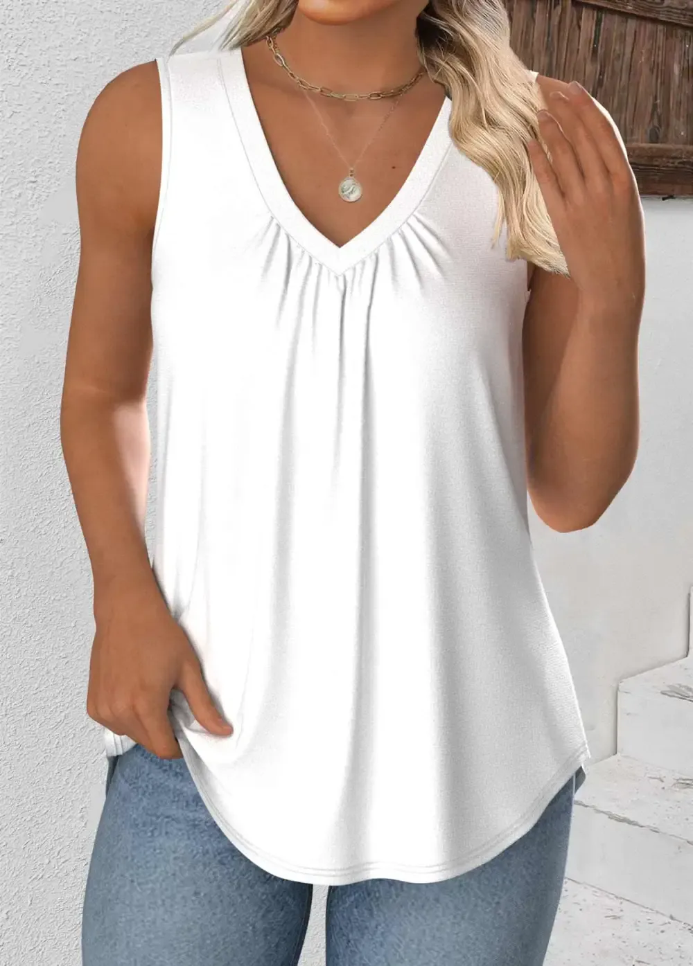 White Sleeveless V Neck Tank Top
