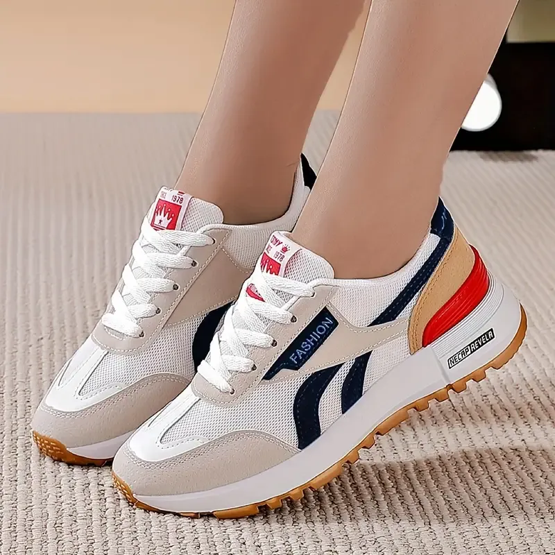 Womens Superfine Fiber Colorblock Low-top Sneakers - Breathable, Wear-resistant, Non-slip, and Versatile Casual Shoes for Summer - Lace Up, Round Toe, PU Rubber Sole, Microfiber Inner, and Polyurethane Foam Insole