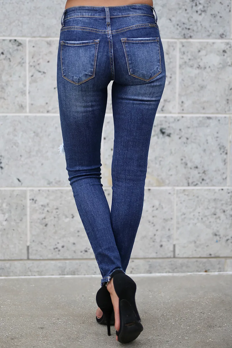 Buttoned Ripped Raw Hem Skinny Jeans