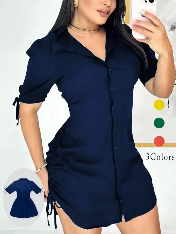 Women's Shirt Collar Dress – Curved Hem & Button Detail