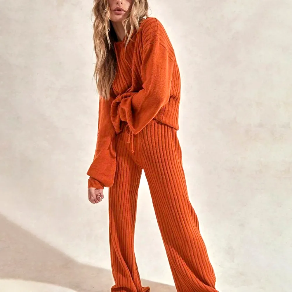 Women's solid color rib knitted Hoodie sweater suits