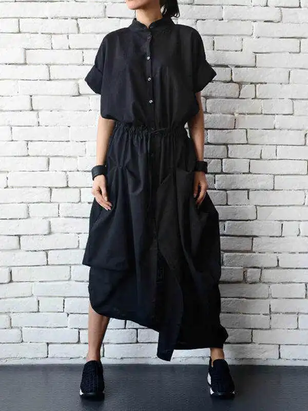 Casual Drawstring Asymmetric Stand Collar Maxi Dresses