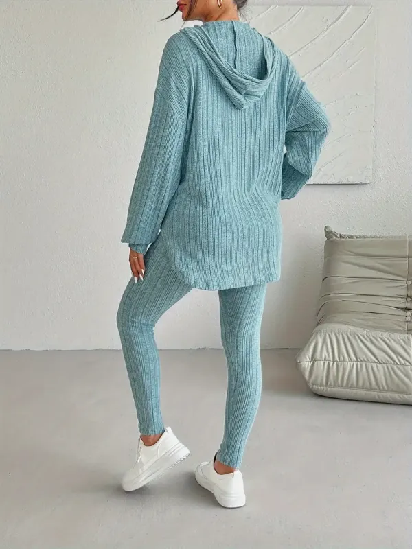 Ribbed Two-piece Set, Casual Long Sleeve Hooded Top & Skinny Pants Outfits