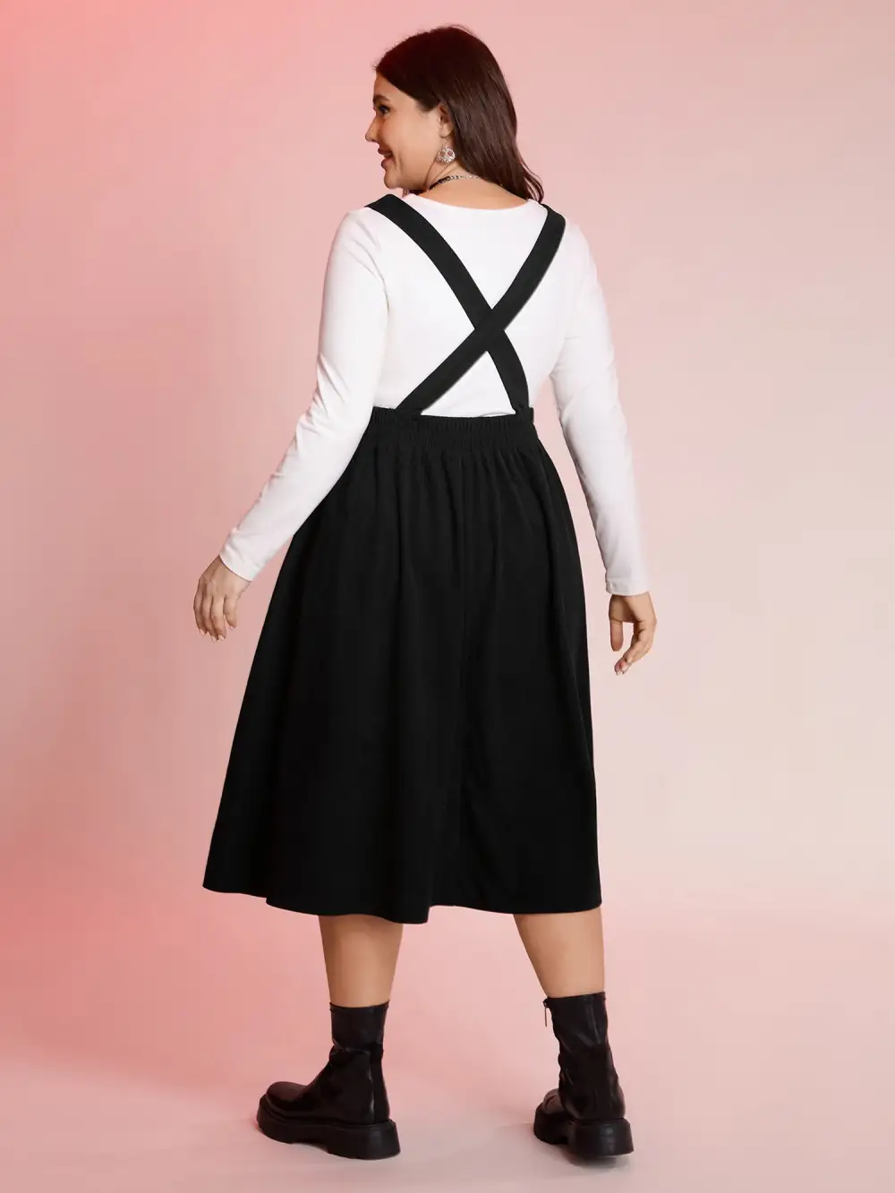 Happy Cat Embroidery Overall Straps Midi Dress