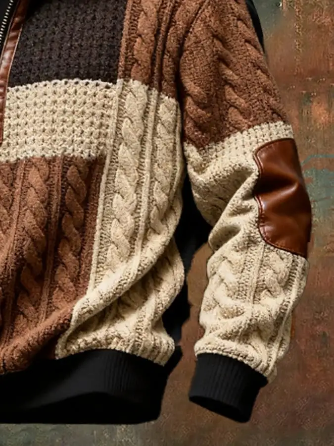 Men's Retro Color Block Print Casual Fur Collar Long Sleeve Sweatshirt