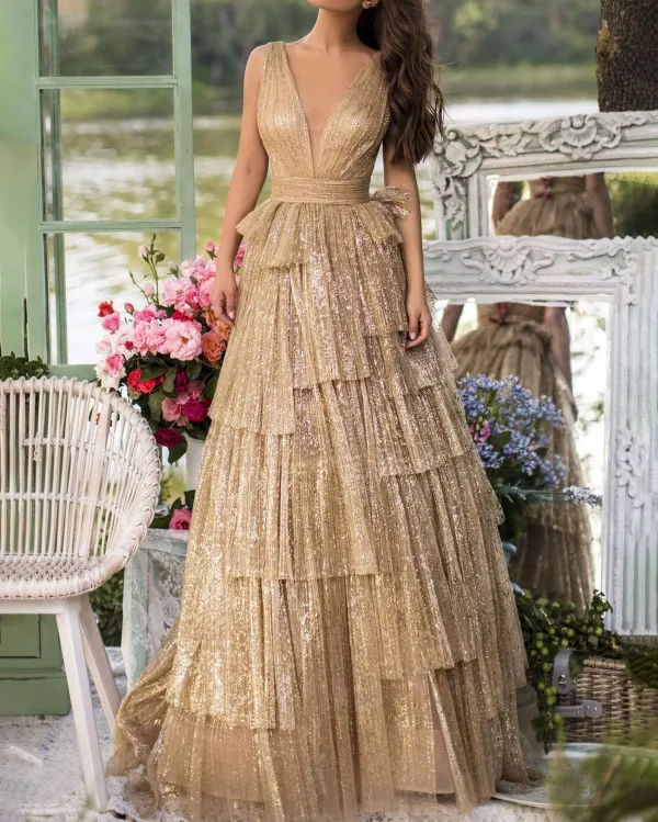 elegant layered tulle glitter v-neck maxi dress