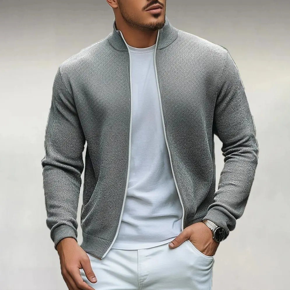 Men's Daily Stand Collar Slant Pocket Rib Knit Zipper Sweater Jacket