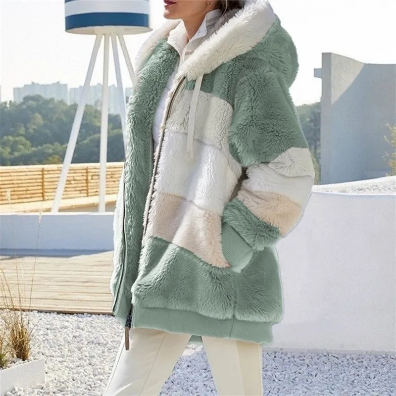 Contrast Plush Drawstring Hooded Jacket