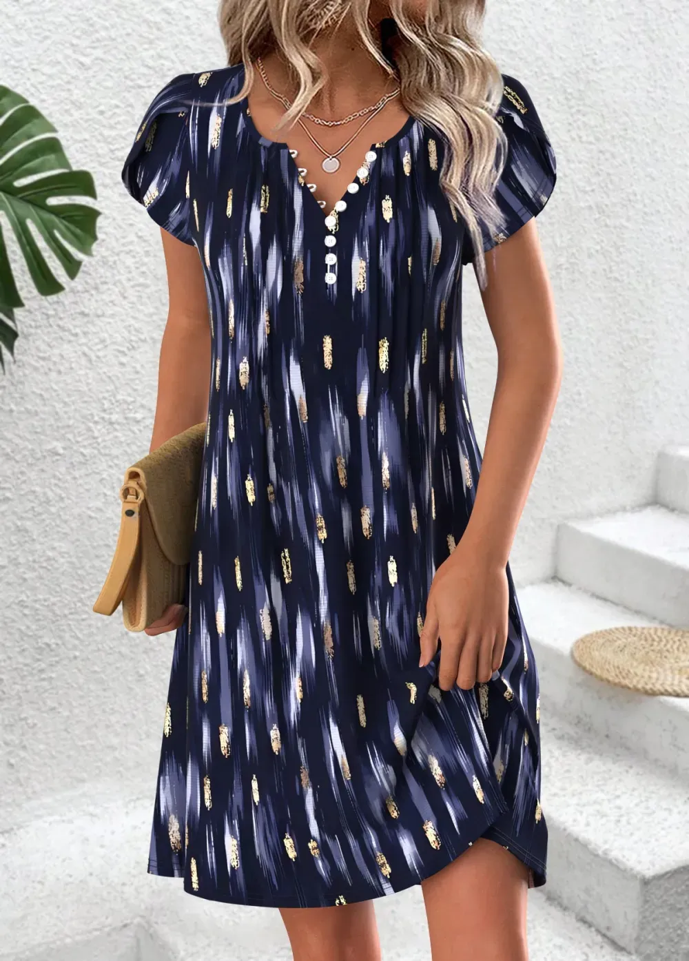 Navy Geometric Print Short Split Neck Dress