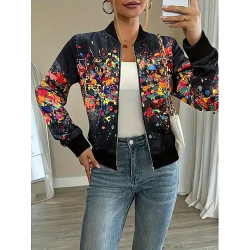 Women's Casual Jacket Comfortable Zipper Fashion Daily Modern Floral School Outdoor Vacation Home Regular Baseball Collar Regular Fit Long Sleeve Outerwear White Spring Fall