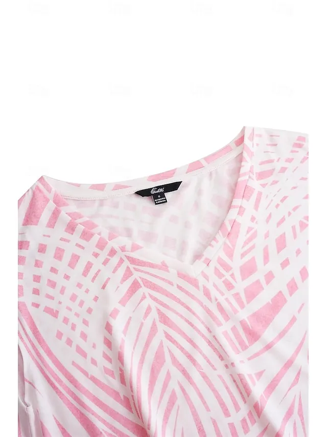 Women's T shirt Tee Leaf Print Vacation Tropical Hawaiian Short Sleeve V Neck White Summer