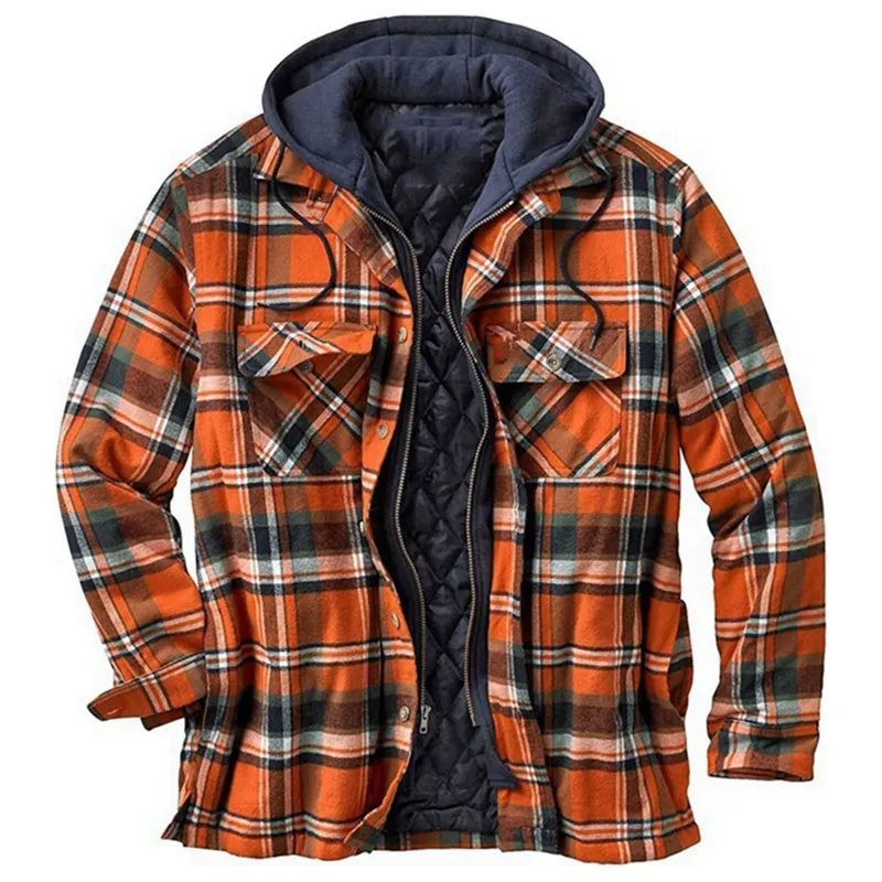 Mens Winter Plaid Thick Casual Hoodie Jacket