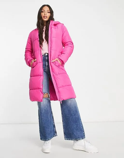 Pieces Tall longline hooded padded coat in bright pink