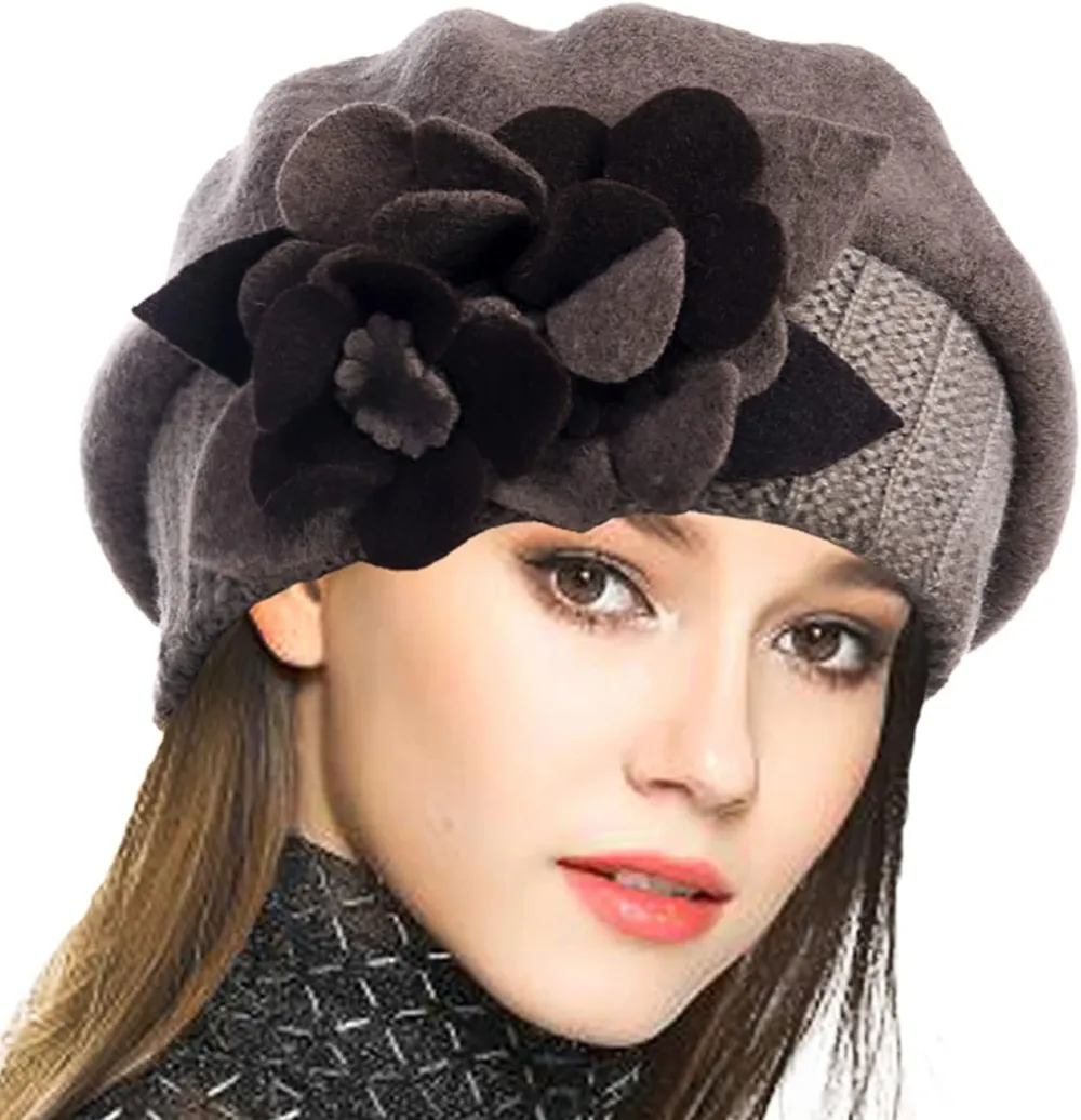 Lady French Beret 100% Wool Beret Floral Dress Beanie Winter Hat