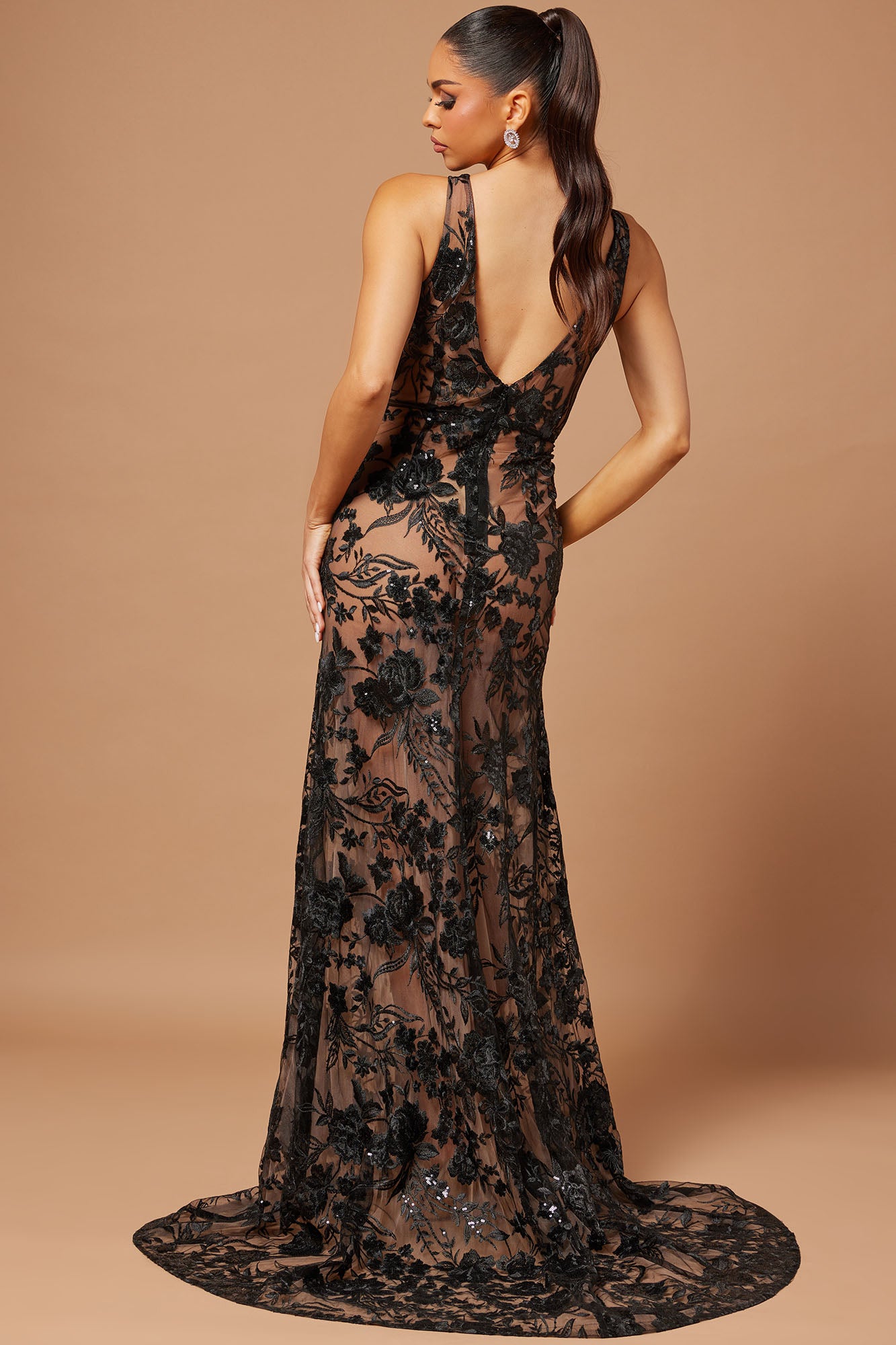 Serena Sequin Embroidered Gown - Black