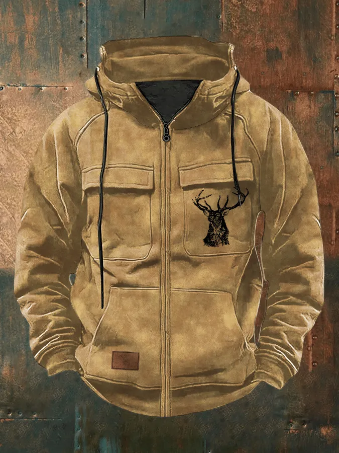 Men's Retro Western Elk Print Multi-Pocket Hooded Zip-Up Sweatshirt
