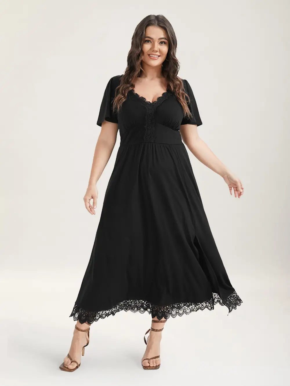 Solid Pocket Contrast Lace Split Maxi Dress