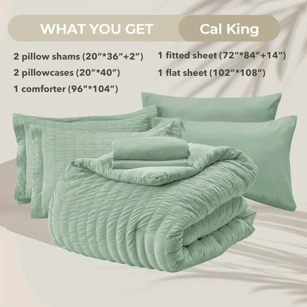 Queen Comforter Set Seersucker 7 Pieces, All Season Luxury Bed in a Bag for Bedroom, Bedding Set with Comforters, Sheets, Pillowcases & Shams, Dark Grey