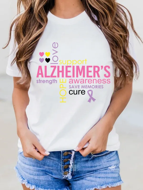 Women's Alzheimer's Disease Awareness Floral Print Round-Neck T-Shirt