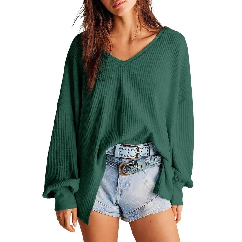 Women's Waffle Knit Top – V-Neck Oversized Lantern Sleeve Blouse