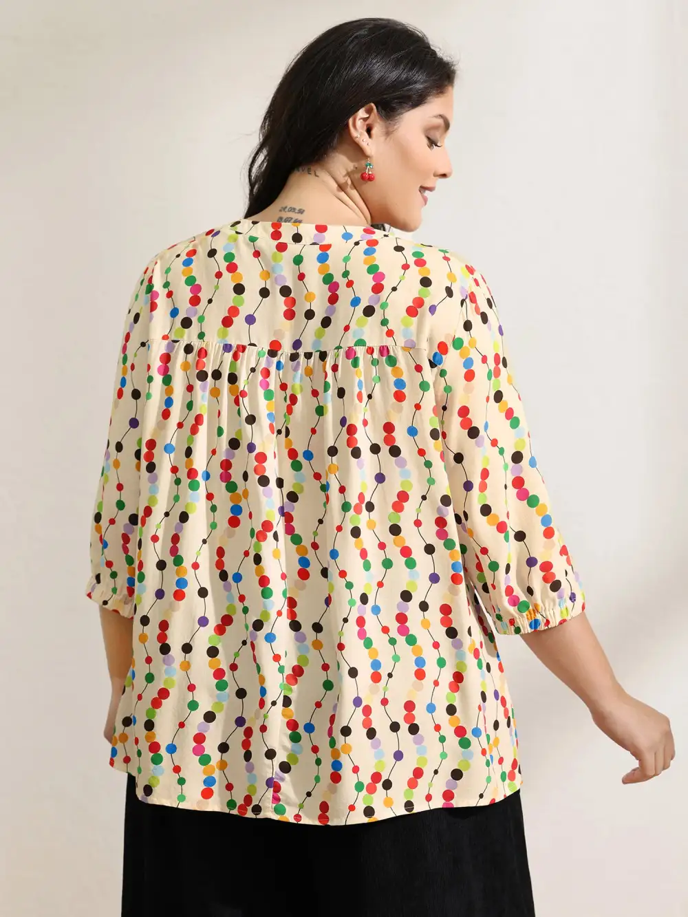 Colorful Polka Dots Rayon Notched Collar Blouse