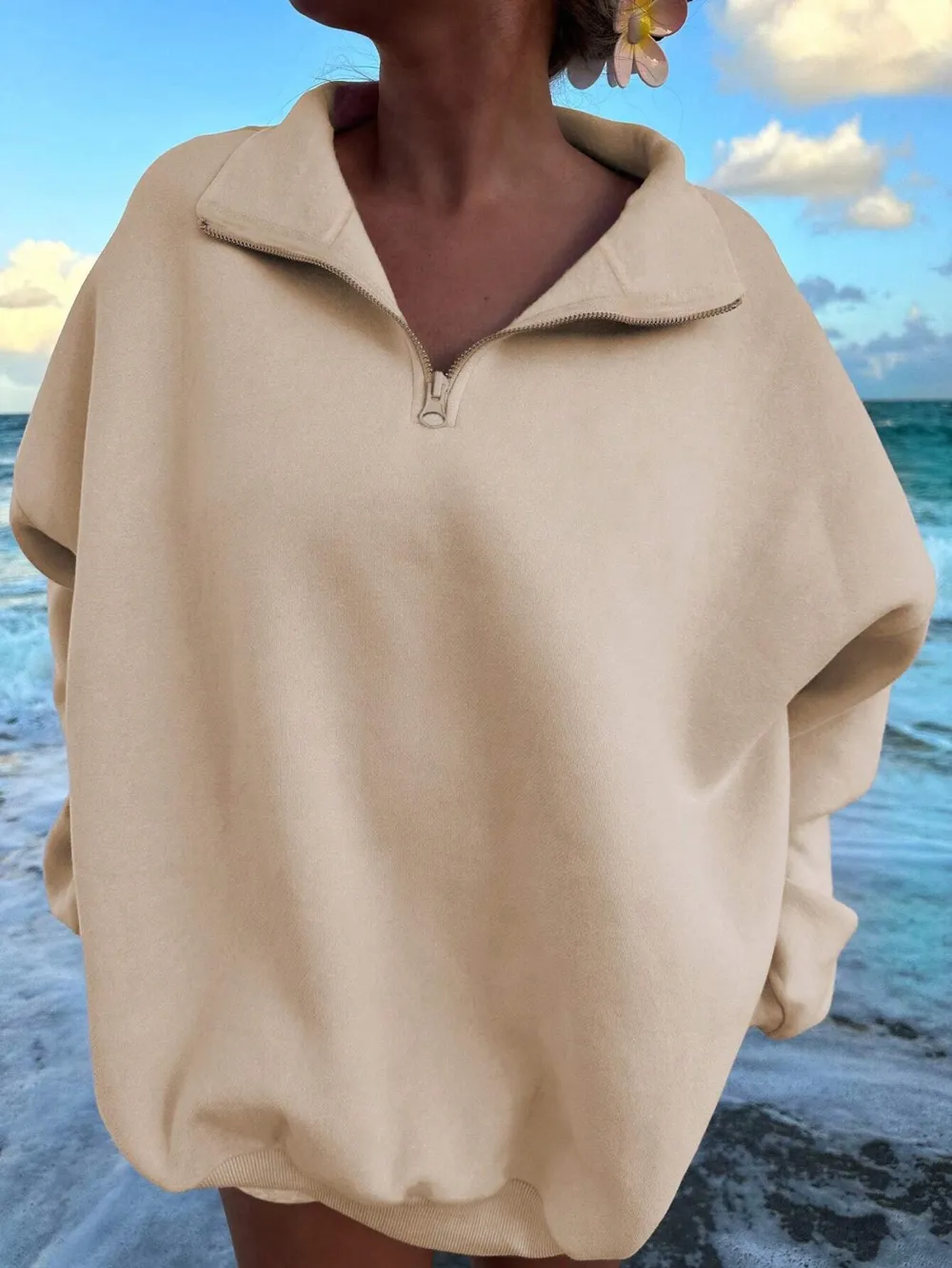Half Zipper Pullover Sweatshirt With Long Sleeves
