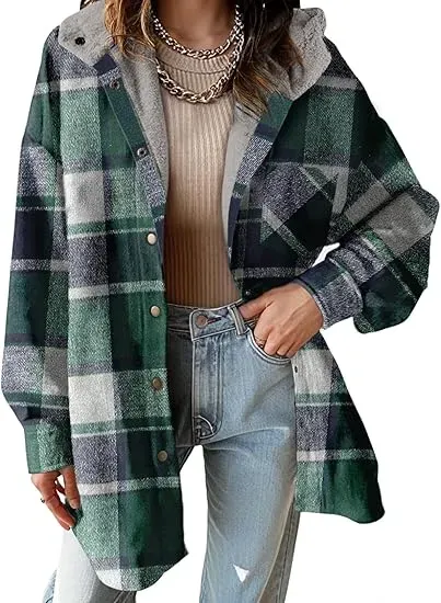 Flannel Hooded Plaid Shacket - Button-Down Thick Fleece-Lined Fuzzy Winter Coat