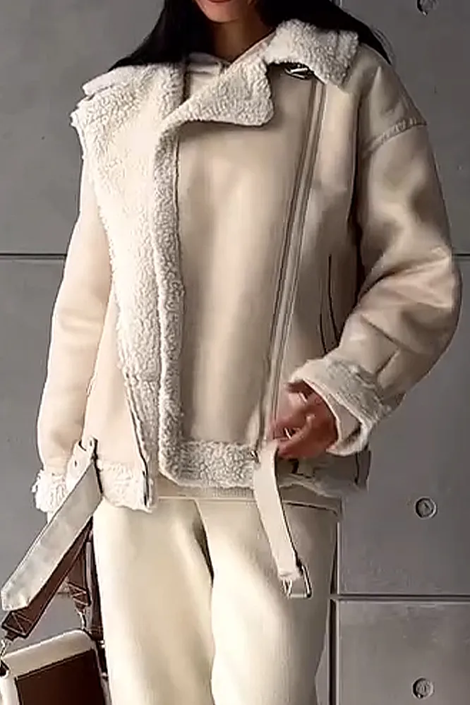 Women's Solid Color Casual Knitted Set and Lamb Fleece Jacket