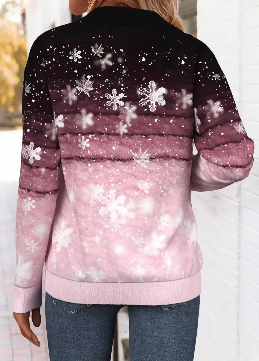 Pink Tummy Coverage Snowflake Print Long Sleeve Sweatshirt