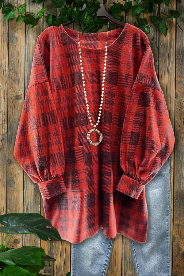 Plaid Print Crew Neck Loose Top