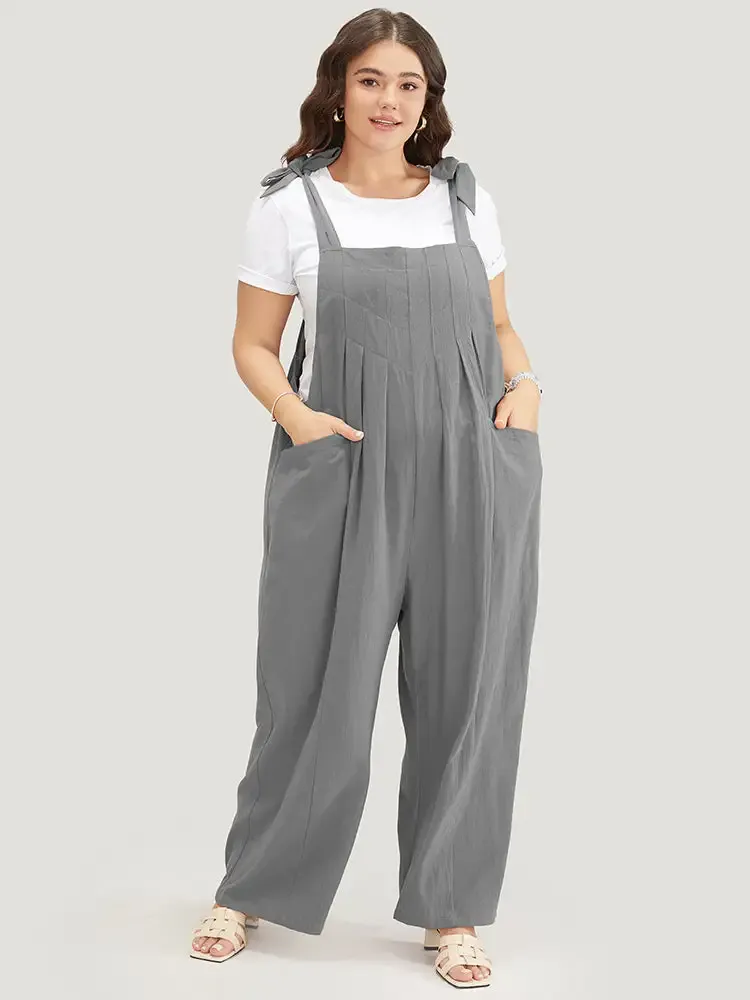 Solid Pleated Detail Pocket Knotted Shoulder Overall Jumpsuit
