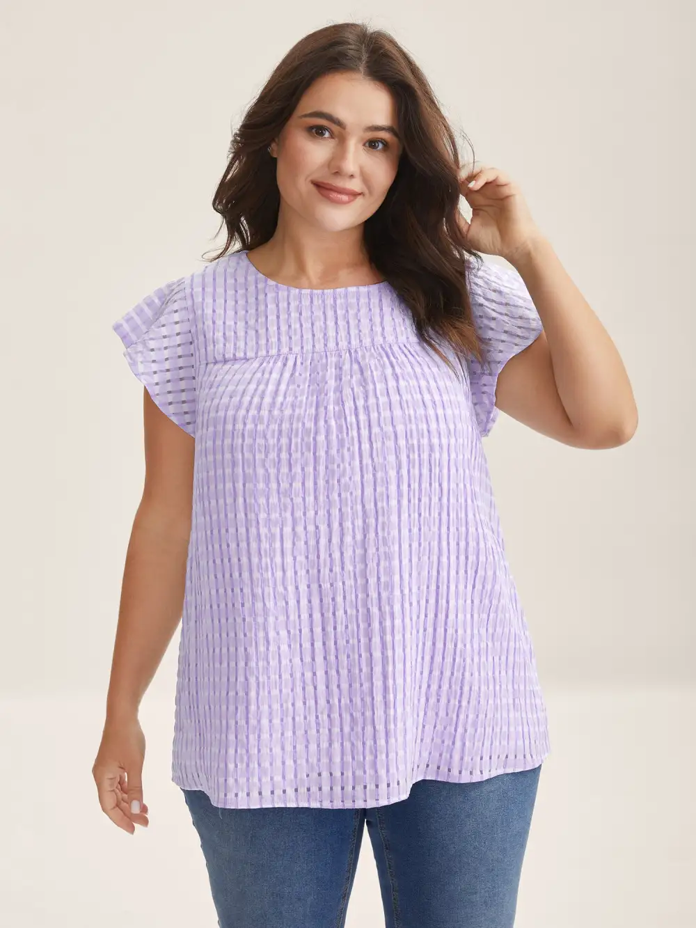 Textured Sheer Lined Flutter Sleeve Blouse