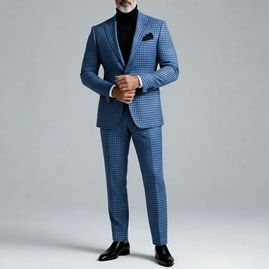 Men's Blue Plaid Notch Lapel Single Breasted Long Sleeve Blazer & Suit Pants 2Pcs Set