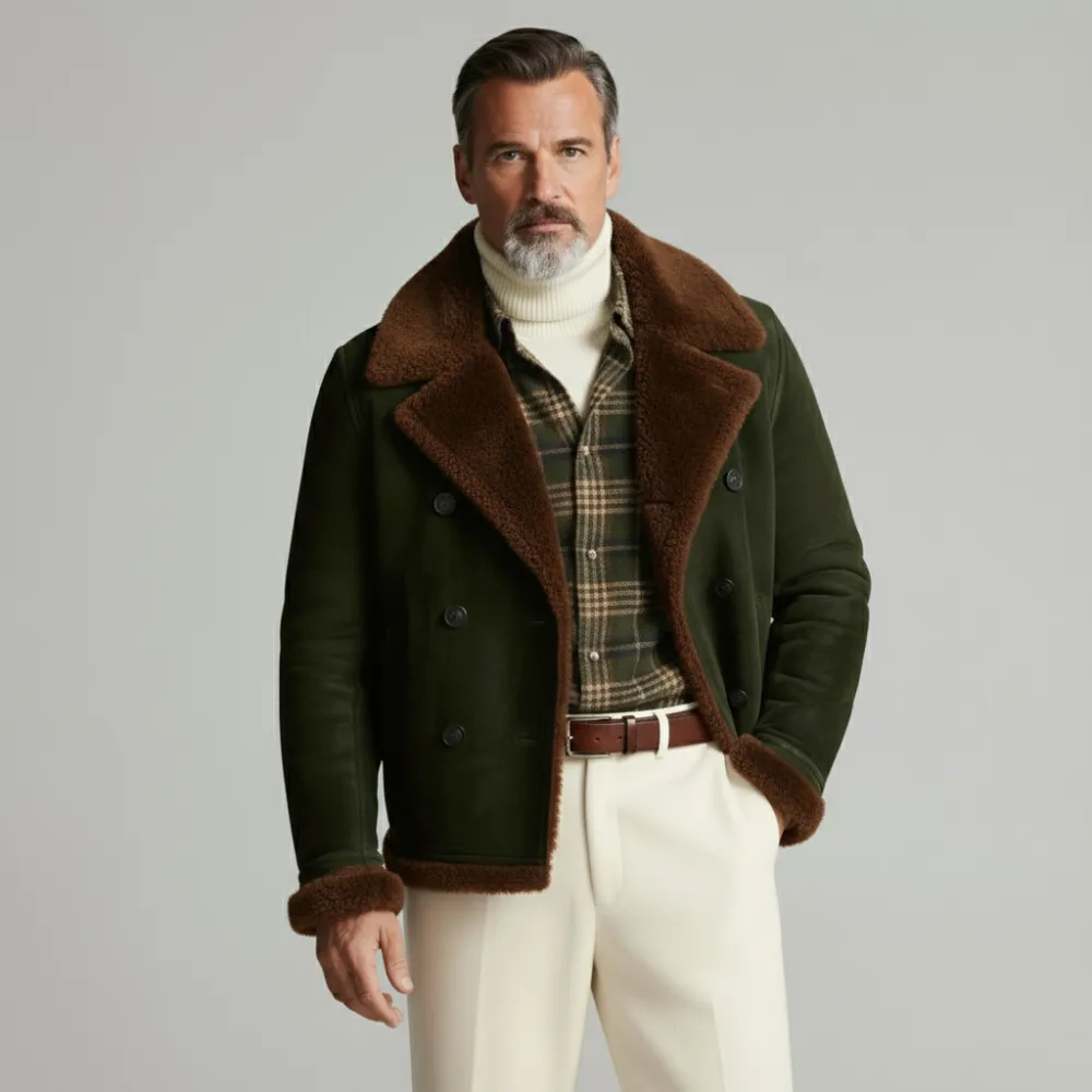 Men's Dark Green Plush Lapel Long Sleeve Double Breasted Suede Coat