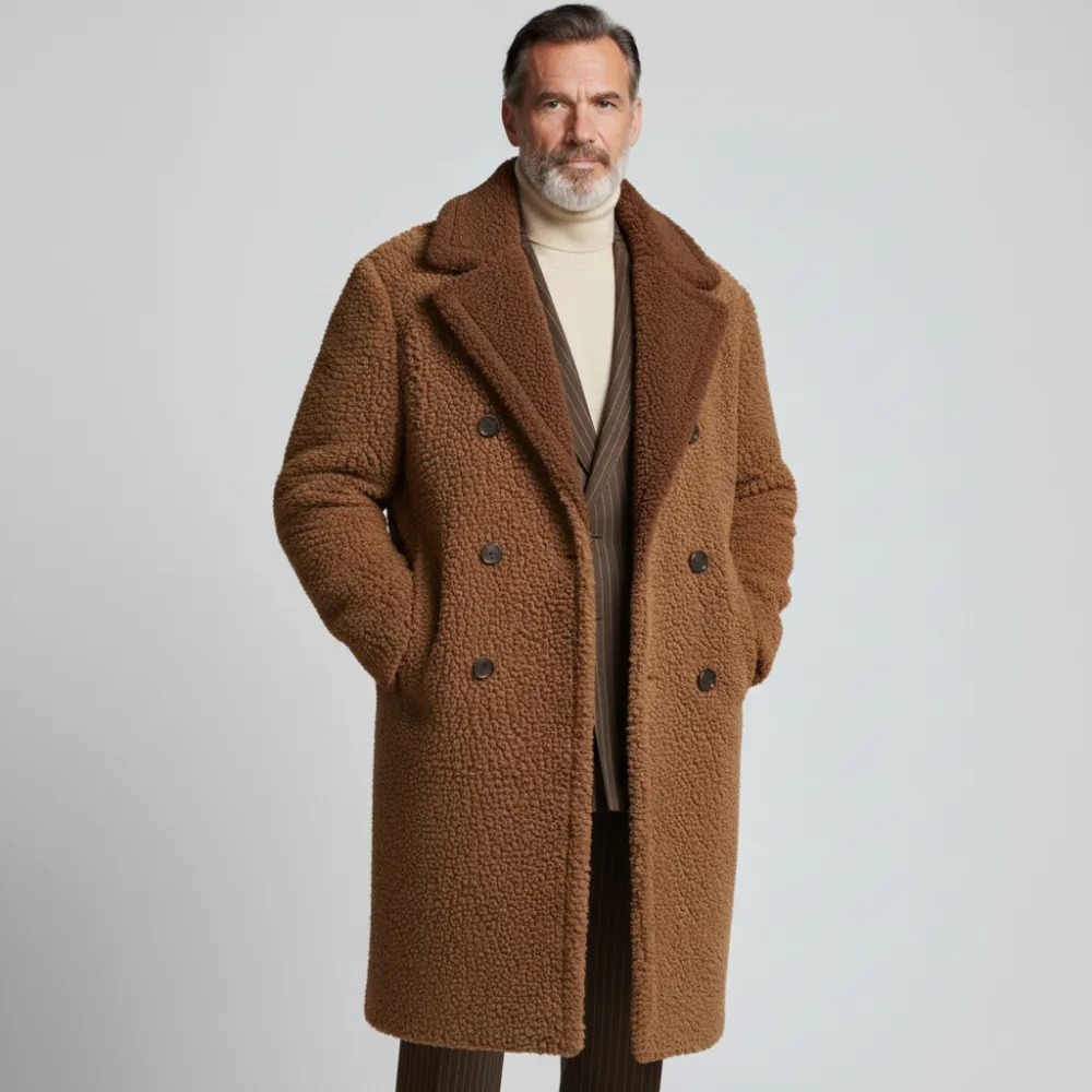 Men's Brown Notched Lapel Double Breasted Long Sleeve Pockcets Plush Overcoat