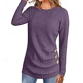 Women's Sweater Pullover Streetwear Casual Solid Color Ribbed Crew Neck Buttons Knitted Long Sleeve Regular Tops Knit Daily Holiday Weekend Black Army Green Fall Winter