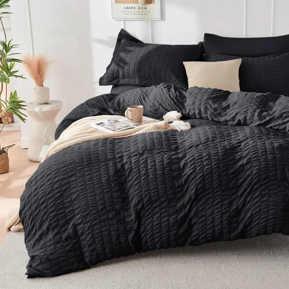Queen Comforter Set Seersucker 7 Pieces, All Season Luxury Bed in a Bag for Bedroom, Bedding Set with Comforters, Sheets, Pillowcases & Shams, Dark Grey