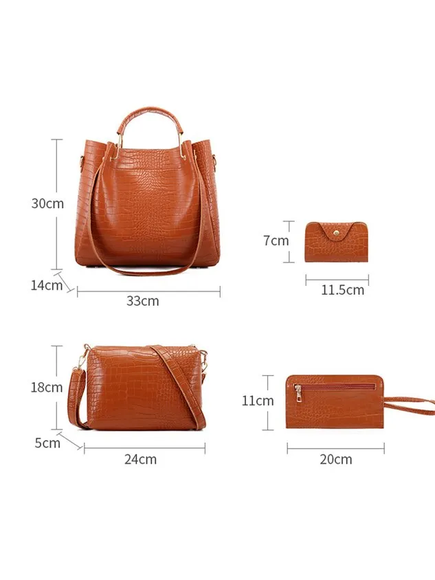 4pcs/set Large Capacity Crocodile Embossed Handbag Commuting Tote Bag with Crossbody Strap