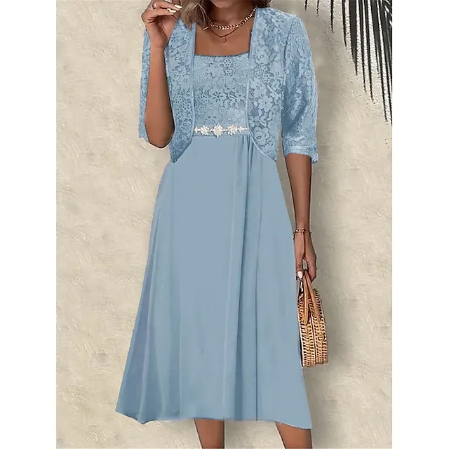 Women's Two Piece Dress Set Party Dress Lace Dress Party Wedding Guest Elegant Modern Lace Patchwork Midi Dress Crew Neck Half Sleeve Floral Plain Regular Fit Pink Blue Purple Summer Spring S M L XL
