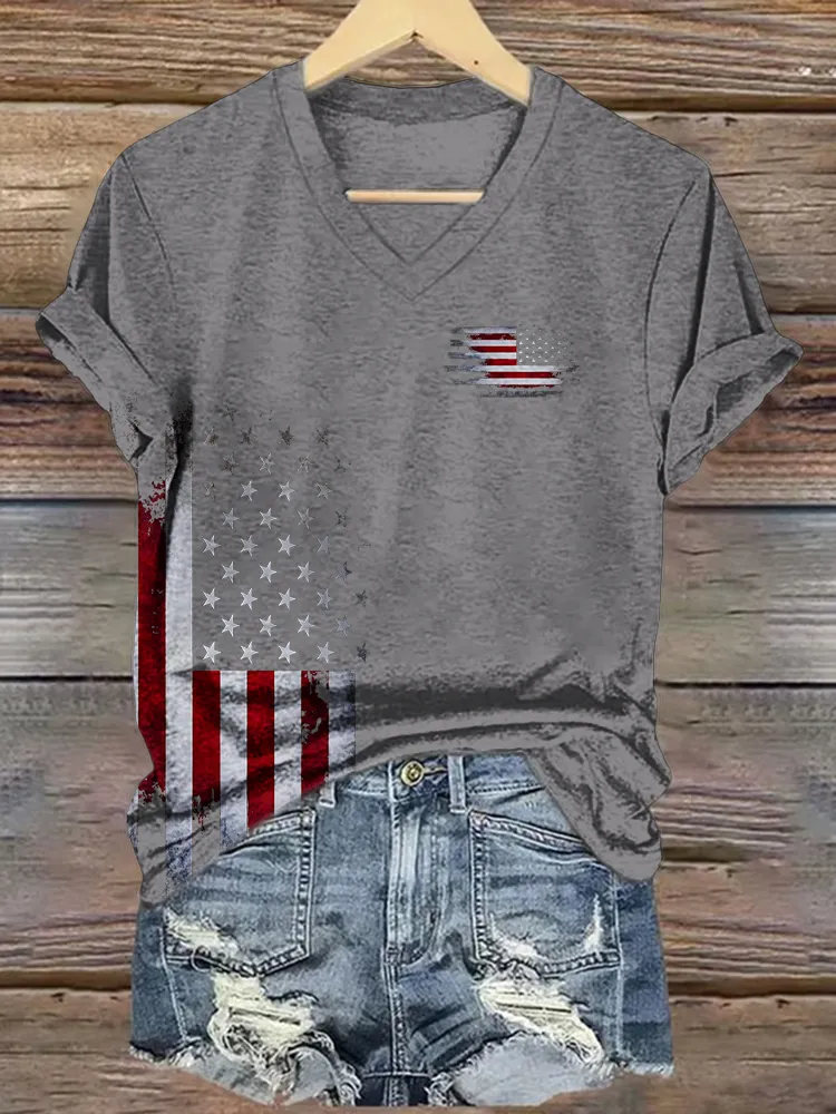 Women's Independence Day Flag Short Sleeves V-Neck Pure Cotton T-Shirt