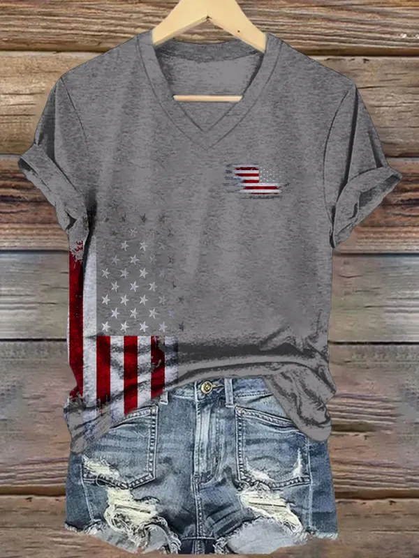 Women's Independence Day Flag Short Sleeves V-Neck Pure Cotton T-Shirt
